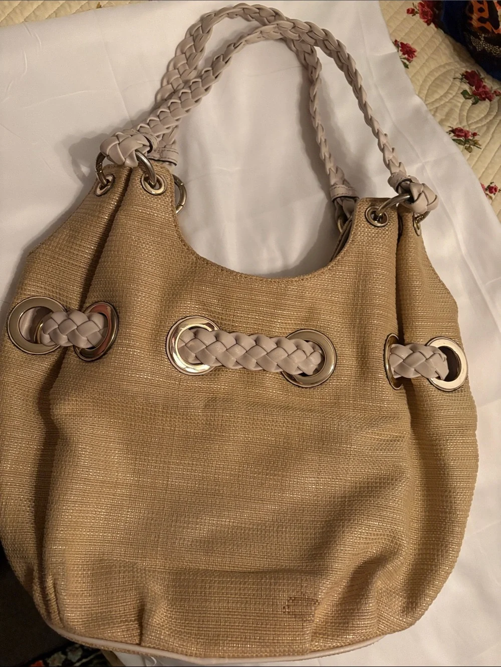 Michael Kors Gold Tote with Cream Braided Handles and Tassel Charm